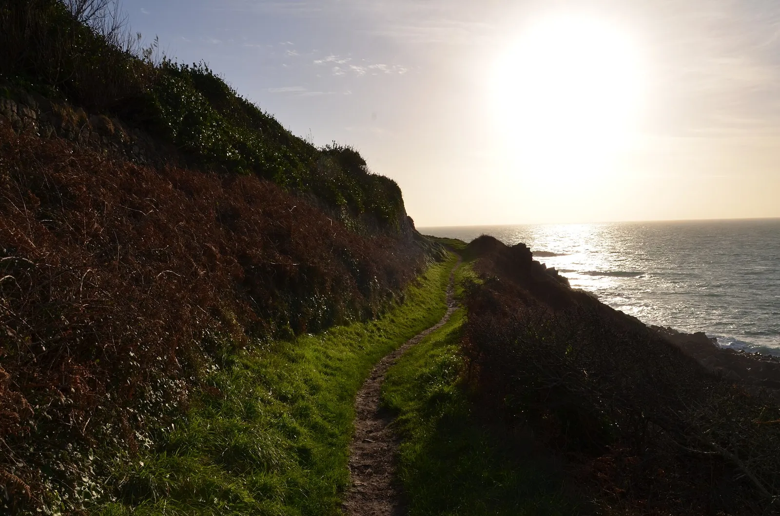 Sentier des douaniers au soleil rasant, falaise d’Auderville